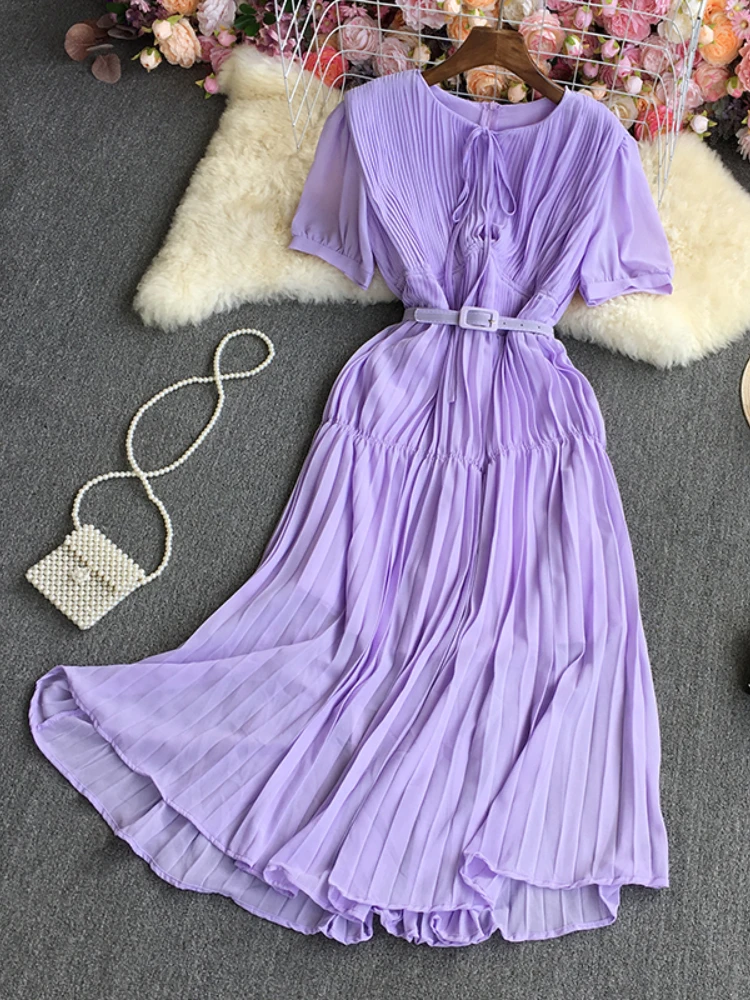 

Fitaylor New Summer Pleated Long Dress Women Elegant Lace-up Collar Short Sleeve A-line Dress with Belt Lady Slim Casual Dress