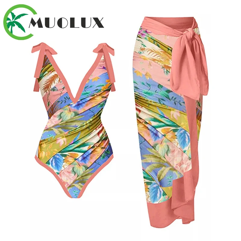 MUOLUX 2023 Retro Print Deep V Swimsuit One-Piece Bikini Set Skirt Fashion Women Cover Up Swimwear Summer Beachwear Brazilian