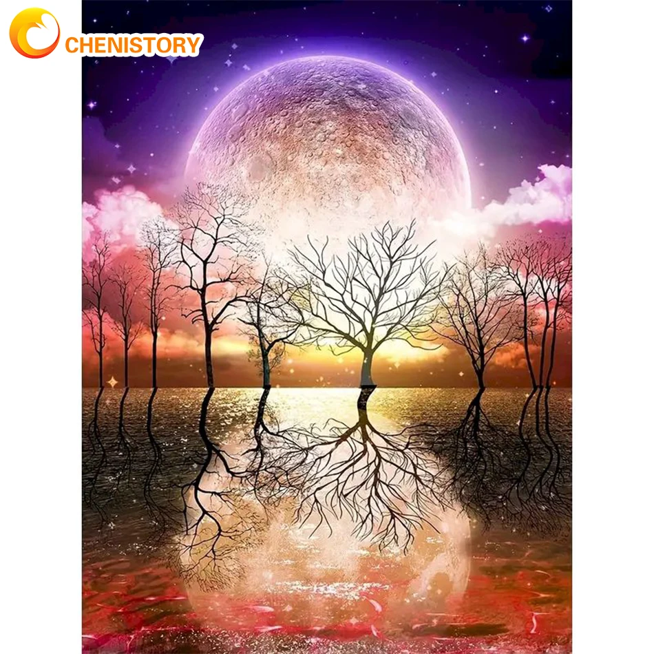 

CHENISTORY Oil Paint By Numbers Scenery Moon DIY 60x75cm Painting By Numbers On Canvas Draw Number Frameless Home Decor