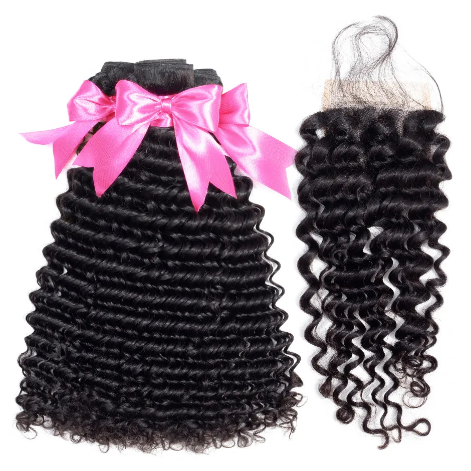 Deep Wave Bundles With Closure Remy Human Hair Bundles With Closure Nature Color 3 Bundles Malaysian Hair With Closure