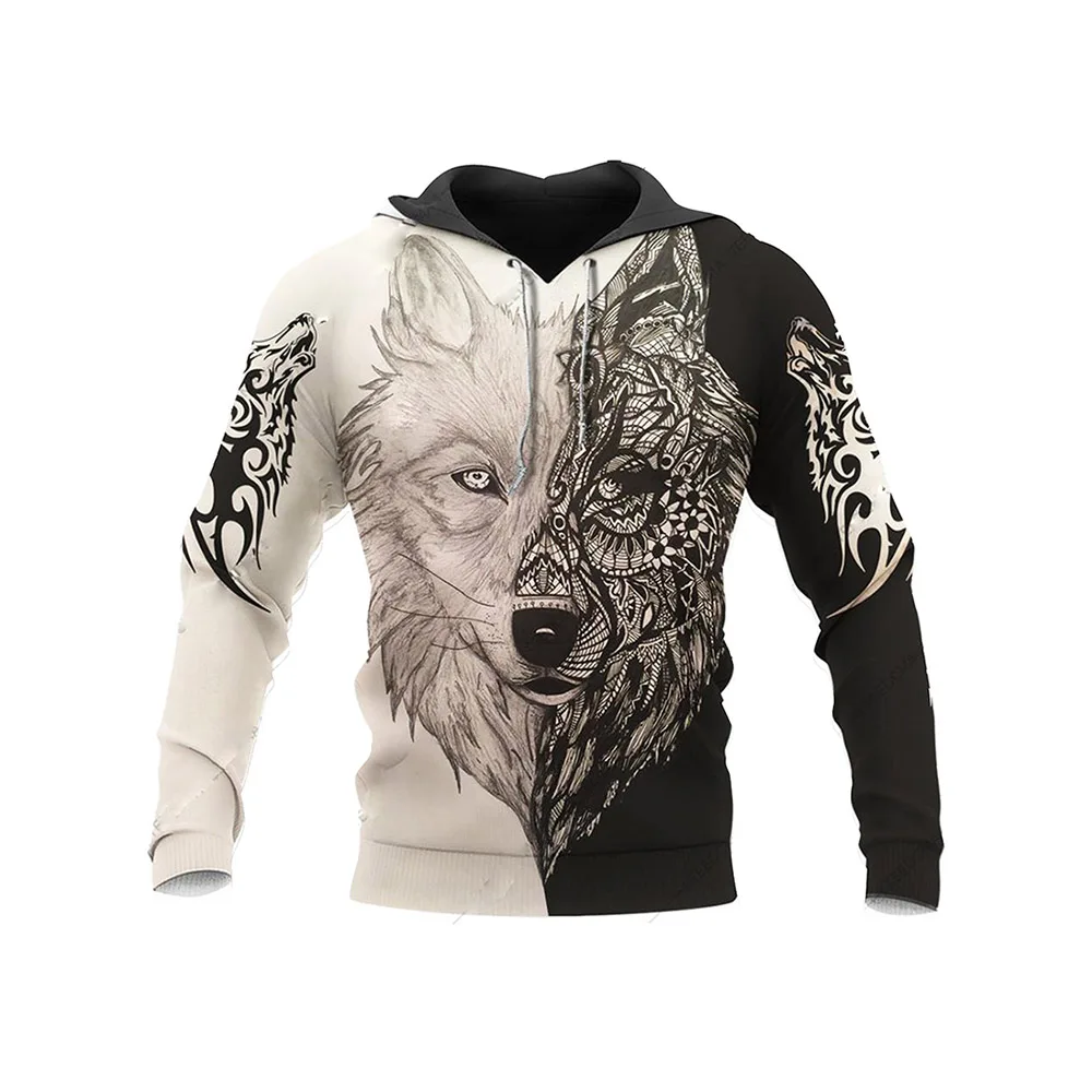 

Pullover Spring Men's Hoodies Hooded Cartoon Animal Comics Wolf Print Long Sleeve Straight Drawstring Fashion Man Daily Tops