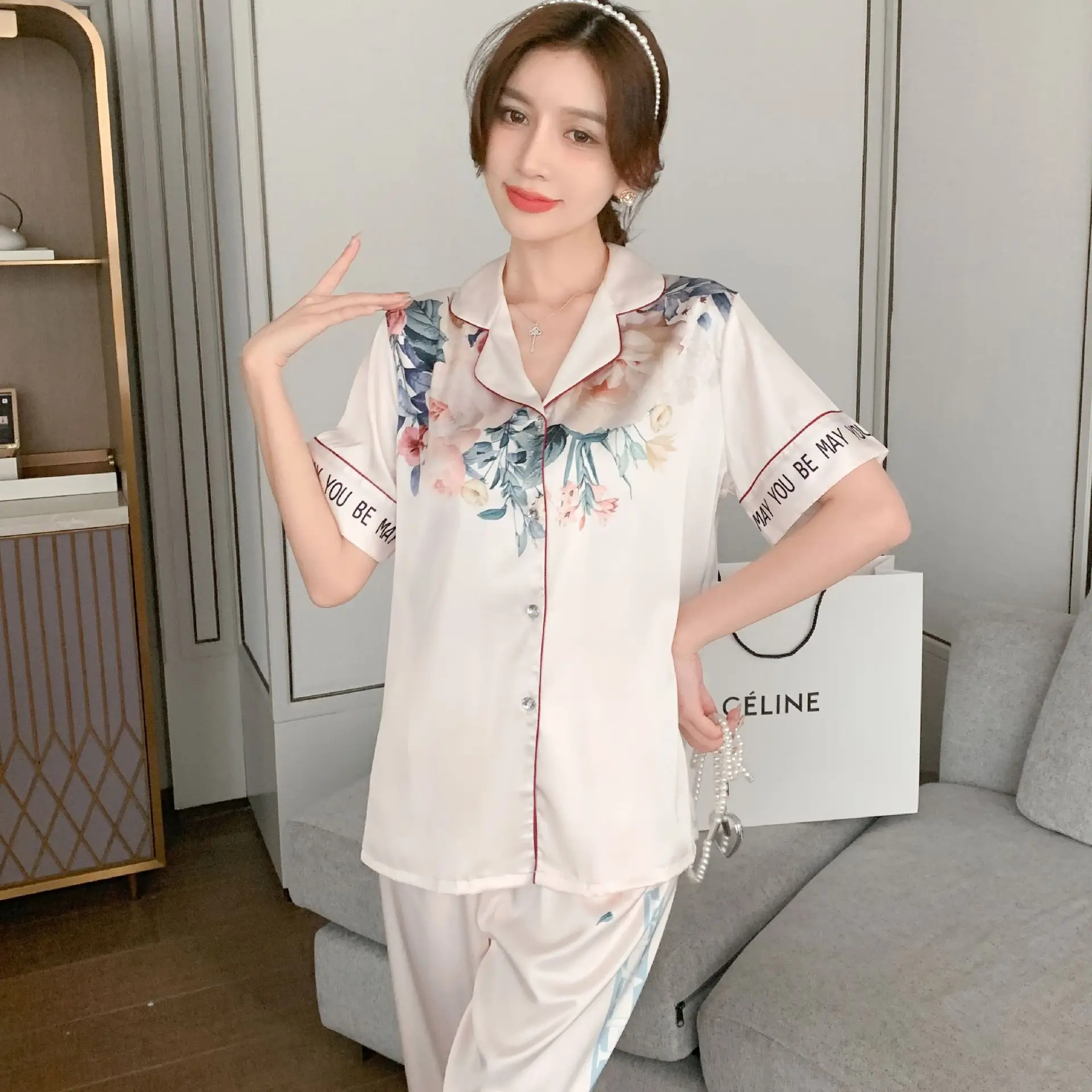 Women's summer ice silk cool feeling pajamas short sleeved cardigan printed two-piece set 2023 new home wear
