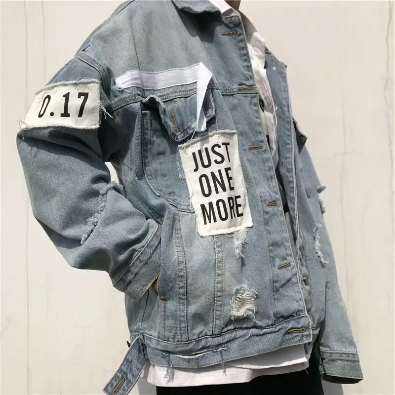 

Teenagers Men's Ripped Denim Jacket National Trend Retro Handsome Harajuku Bf Wind Cardigan Jacket Male Student Loose Clothes
