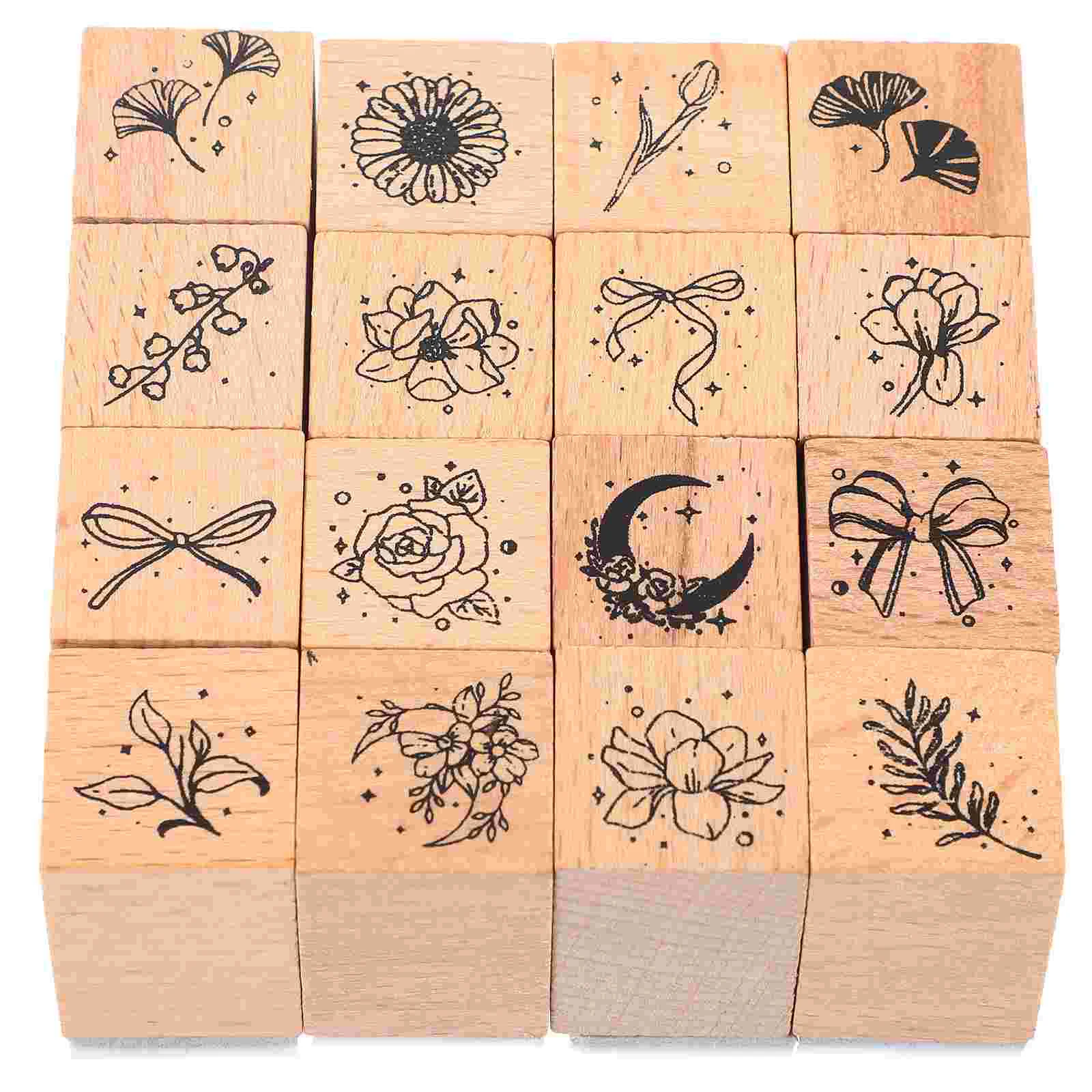 

16 Pcs Wooden Scrapbook Stamp Stamper DIY Cards Journal Retro Stamps Flower Child