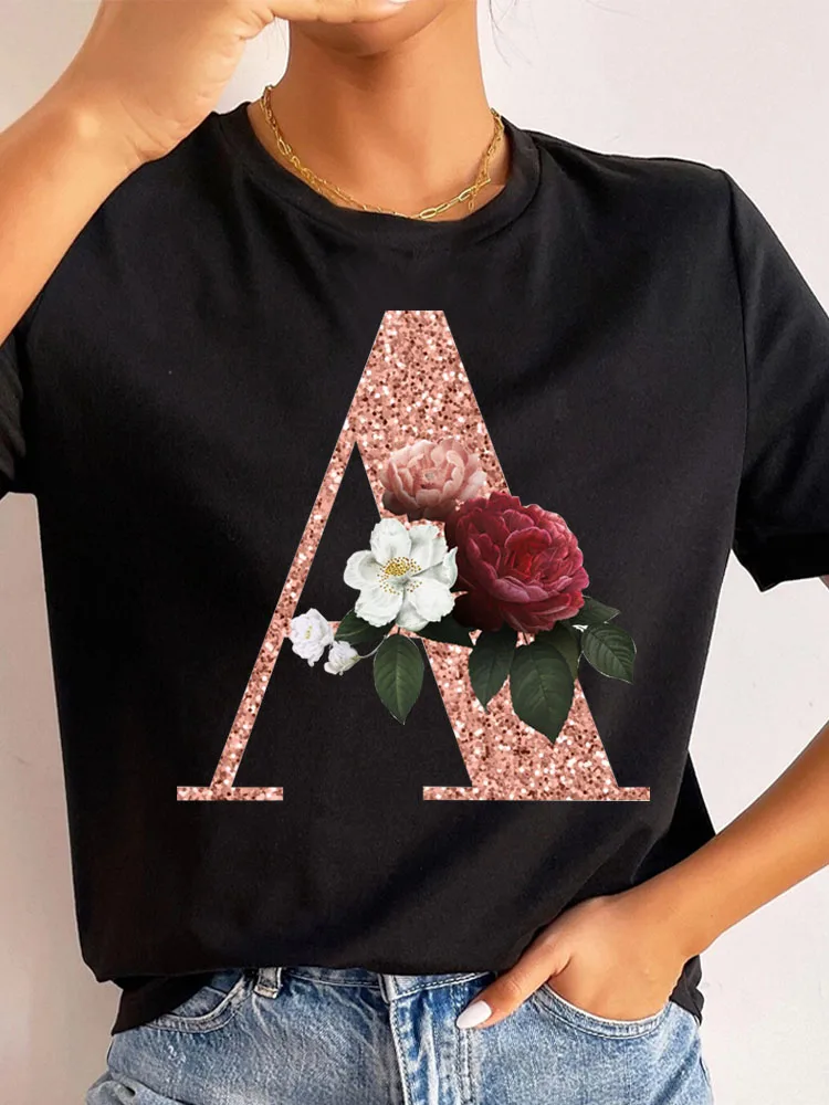 

Custom Name Letter Combination Fashion Women T-shirt Rose Gold Flower Letter Font A B C D E Short Sleeve Tops Black T-shirt Tee