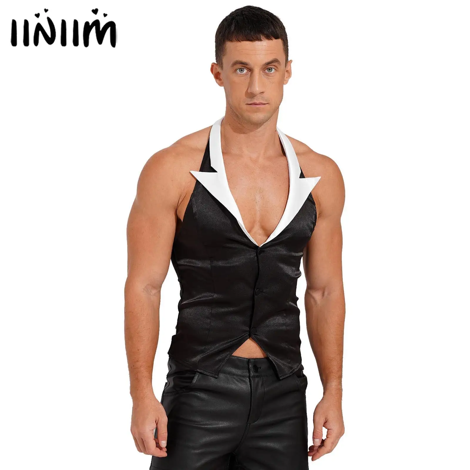 

Men Waiter Servant Cosplay Costume Halloween Role Play Outfit Halter Sleeveless Vest Clubwear Backless Irregular Hem Button Tops