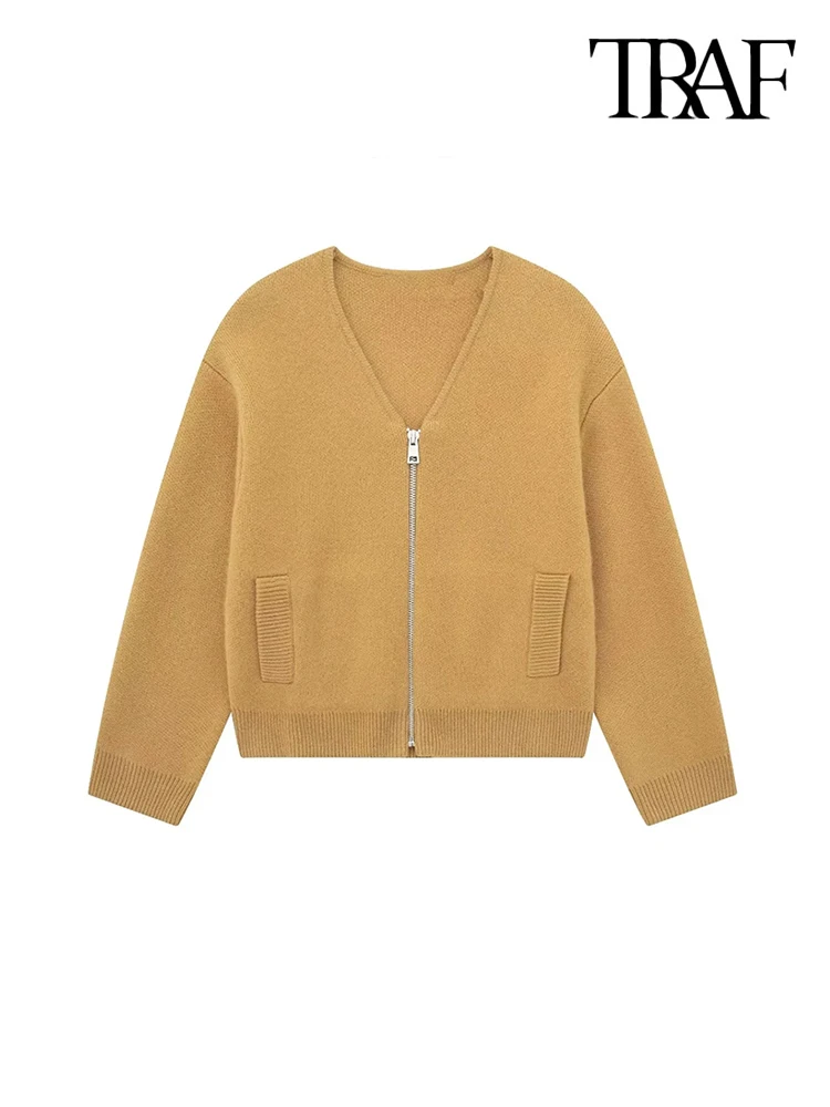 

TRAF Women Fashion With Zip Front Pockets Knit Bomber Jacket Coat Vintage V Neck Long Sleeve Female Outerwear Chic Tops