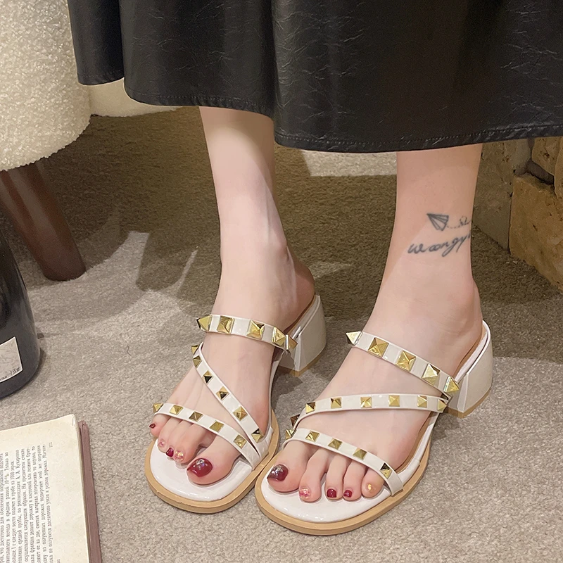 

BCEBYL New Fashion Women's Summer High-heeled Slippers Fashion Rivet Design Sexy Square Head Fish Mouth Female Sandals