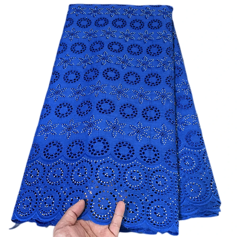 

LJ High Quality White Blue Cotton Lace Wholesale Embroidered Gauze Fabrics African Women Dresses Sewing Voile Laces With Stones
