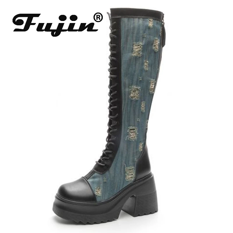 

Fujin 10cm New Genuine Leather Denim Mid Calf Motorcycle Knee High Boots Platform Thick Heels Booties Autumn Spring Women Shoes