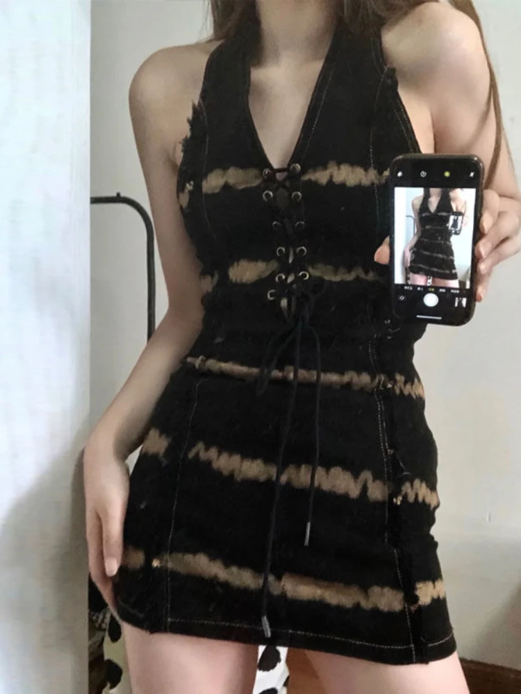 Сексуальное винтажное платье HOUZHOU с лямкой на шее Женский бандажный женский