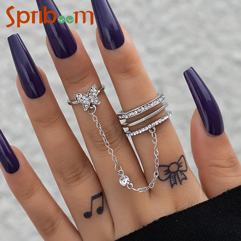 

Double Finger Butterfly Rings for Women Shiny Zircon Tassel Chain Ring Opening Adjustable Jewelry Silver Color Girls Accessories
