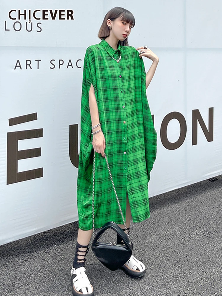 

CHICEVER Plaid Colorblock Midi Dress For Women Lapel Sleeveless Minimalist Long Dresses Female Summer Clothing Style New 2022