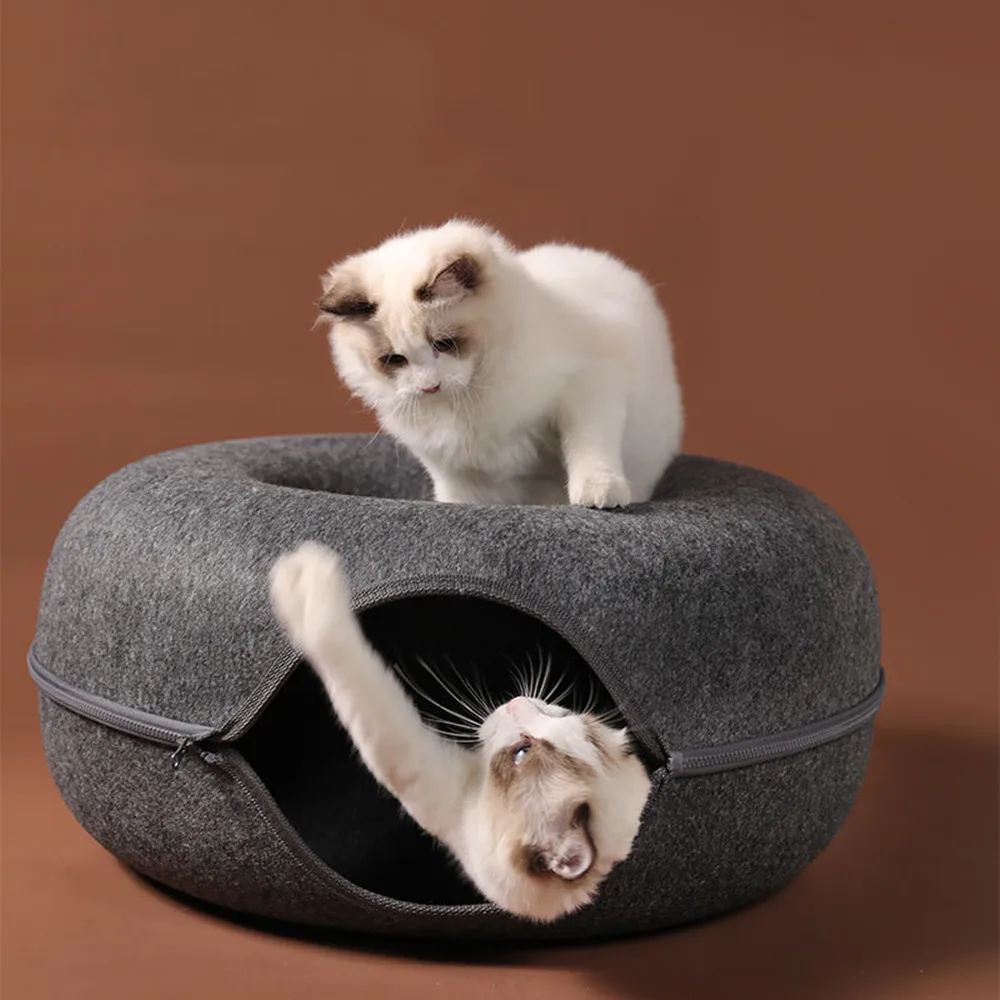 

2023 Felt Cat Nest Bed Interactive Tunnel Toys Pet Bed for Cats Kitten Puppy Half Closed Donut Shape Cave Beds Tunnel House