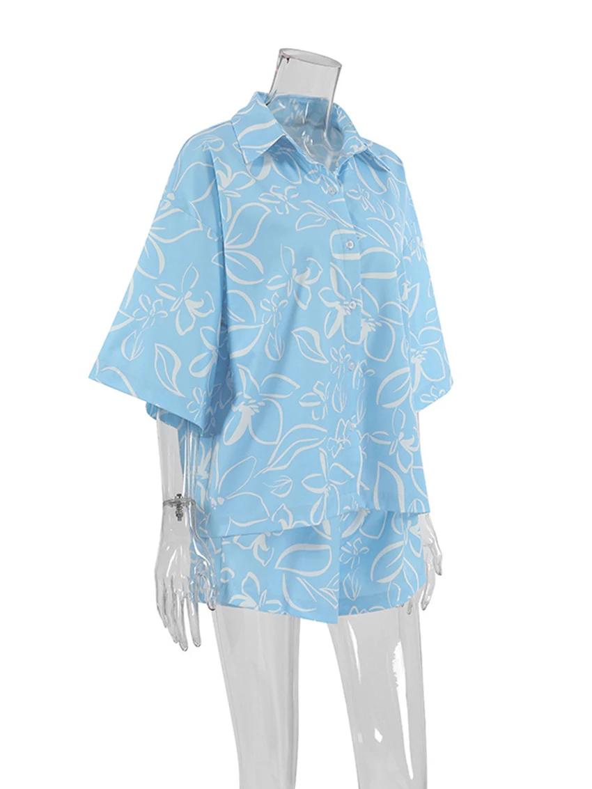 Marthaqiqi Printing Pajamas For Women Turn-Down Collar Sleepwear Long Sleeve Nightwear Elastic Waist Shorts Casual Nightie Set