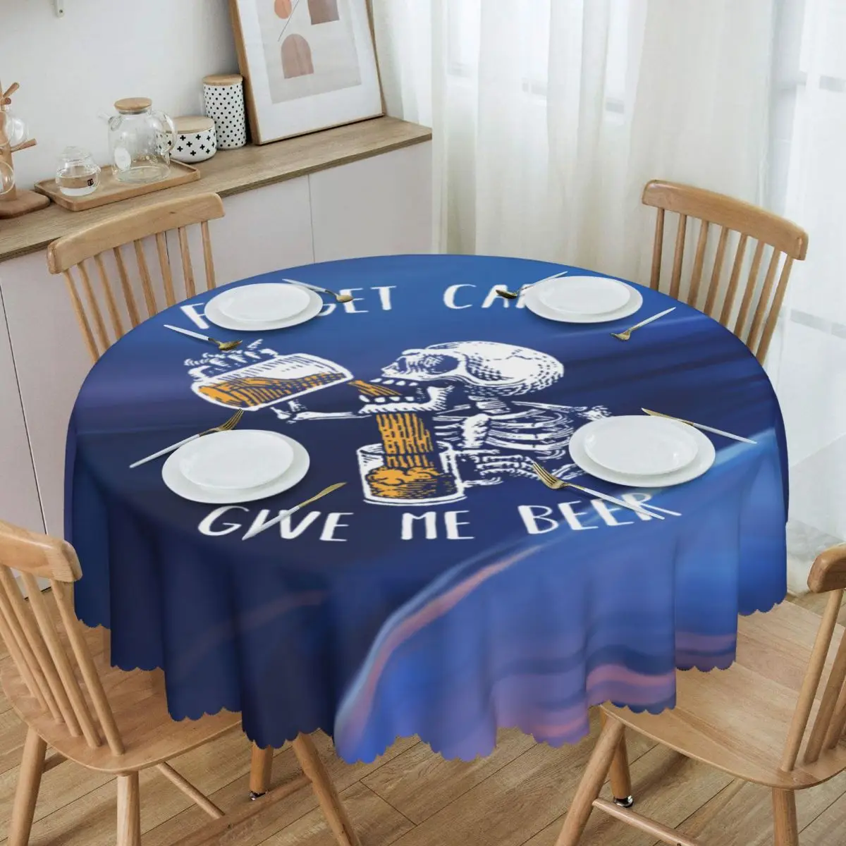 

Round Forget Candy Give Me Beer Halloween Skeleton Skull Tablecloth Waterproof Oil-Proof Table Covers 60 inch Table Cloth