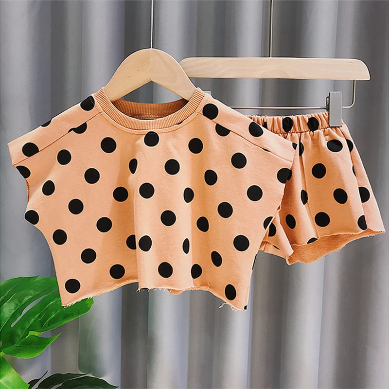 Summer Kids Girls' Clothes Outfits Sets Baby Polka Dot Loose Short T-shirt Tops Short Suits for Children Girls Clothing Sets