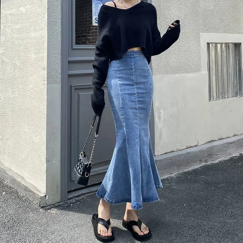 

Женская джинсовая юбка-годе, облегающая юбка с разрезом и оборками, длинная юбка с высокой талией в Корейском стиле, новинка 2022