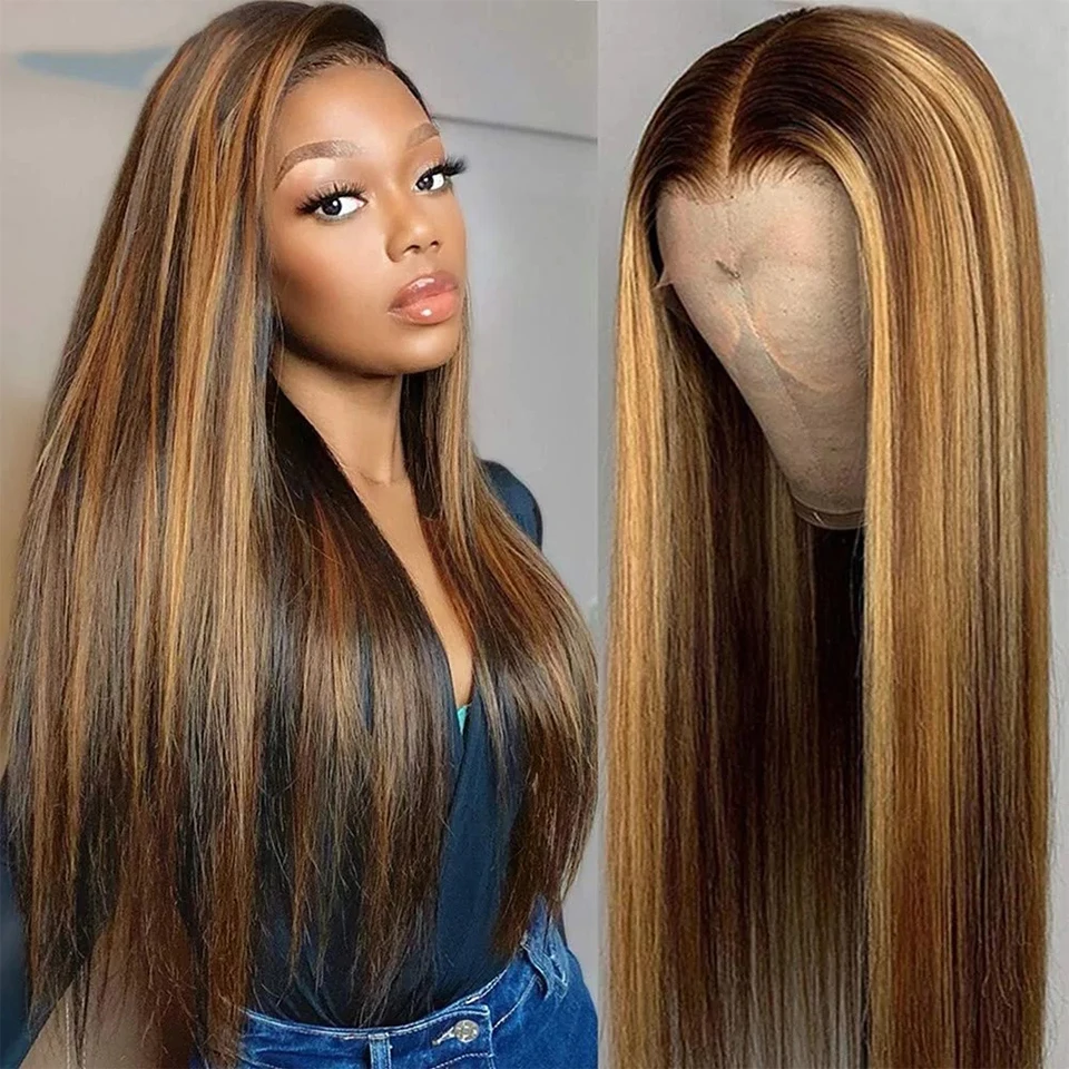 Bone Straight Highlight Wig Human Hair Ombre Honey Blonde 99J Brazilian T Part Lace Wigs Pre Plucked 100% Human Hair Wigs Remy