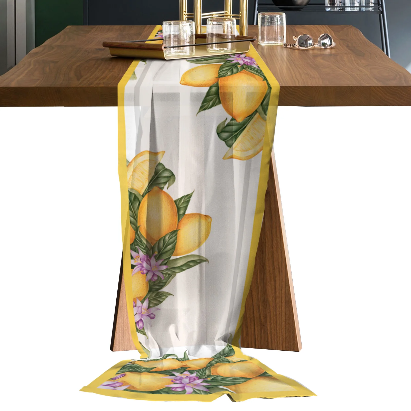 

Lemon Painting Border Art Summer Chiffon Table Runners for Kitchen Living Room Wedding Table Decor Printed Gauze Table Runner
