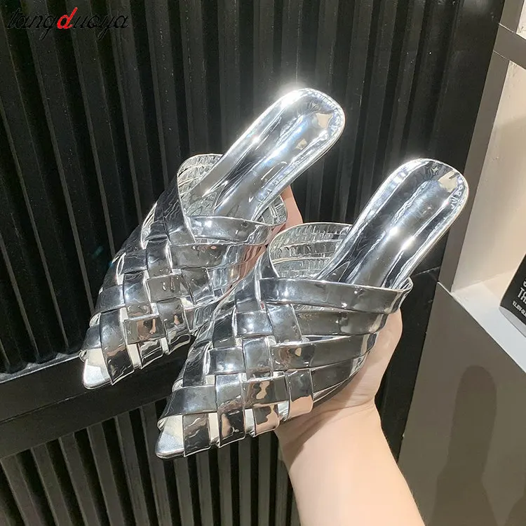 

silver gold Slippers Sandals For Women 2023 Luxury Summer Fashion Shallow Pointed Slides Female Slippers Ladies heels Shoes