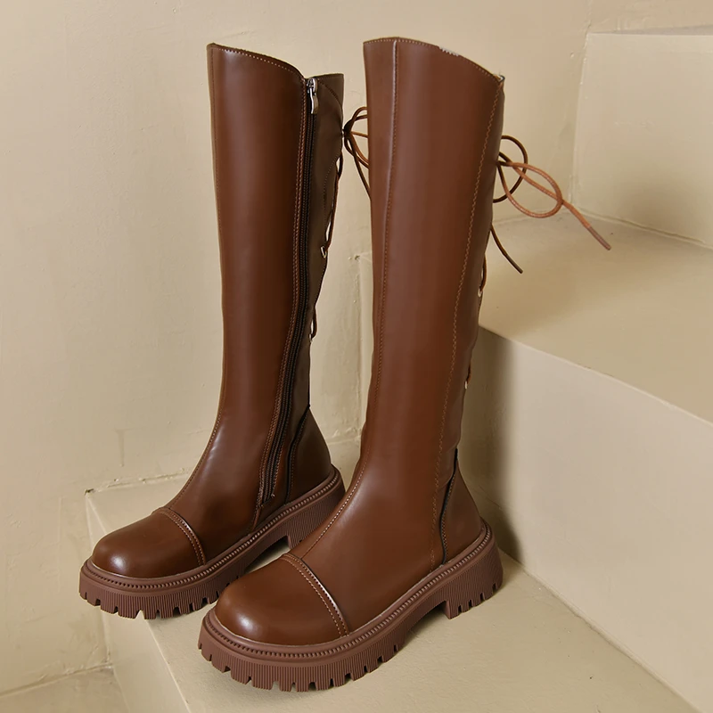 

2023 Autumn Winter Ladies Boots Round Toe Side Solid Color ZipperThick Sole Lace-up Thick Heel Fashion Women's Knee Length Boots