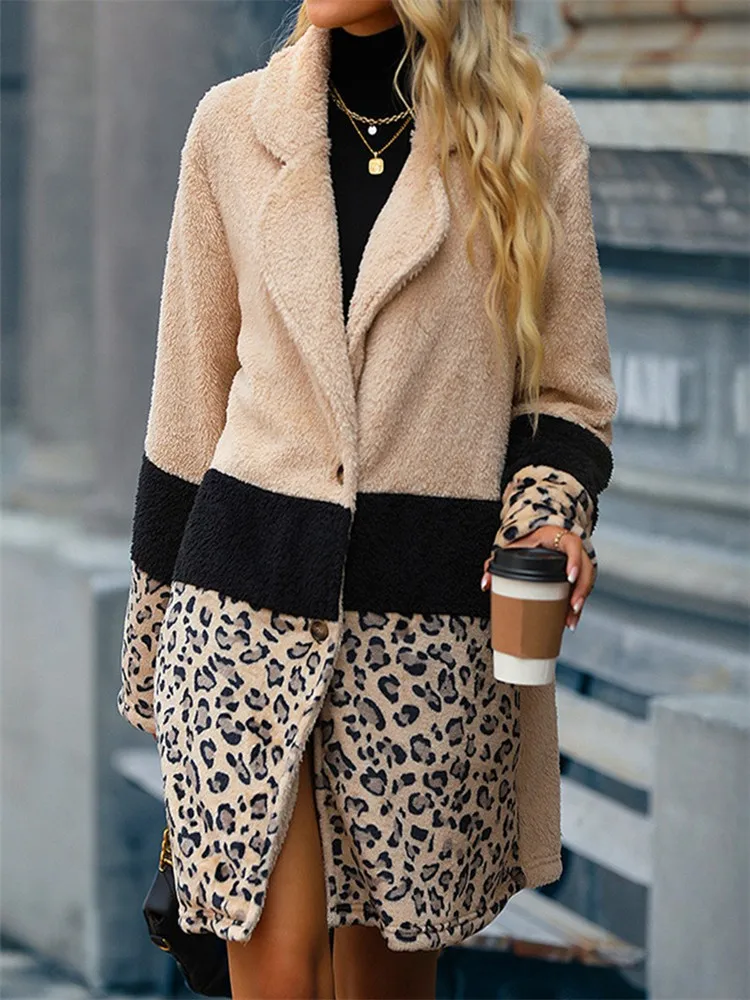 

Casacos De Inverno Feminino 2022, модное пушистое пальто с узором в виде гепарда, повседневное элегантное вязаное Женское пальто оверсайз