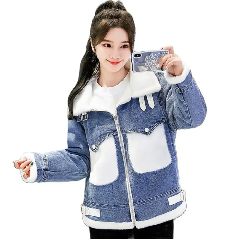 

2022 New Thick Warm Lamb Wool Denim Jackets Autumn Winter Coats Women Parkas Lapel Long Sleeve Splice Female Outwear Jean Tops