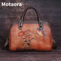 motaora vintage women shoulder designer bags luxury for woman genuine leather handbags retro handmade embossed female boston bag