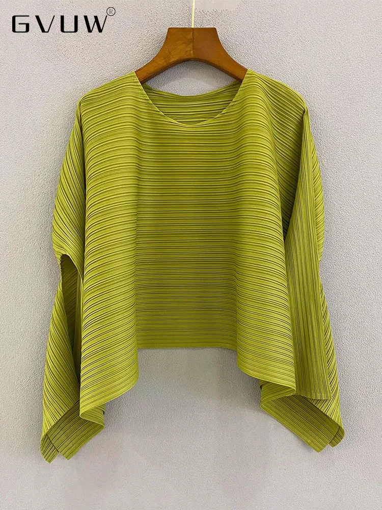 

GVUW Pleated Irregular T-shirts Women'slong Sleeve Pullover Round Collar Solid Color Female Casual Clothing 2023 Summer 17D751