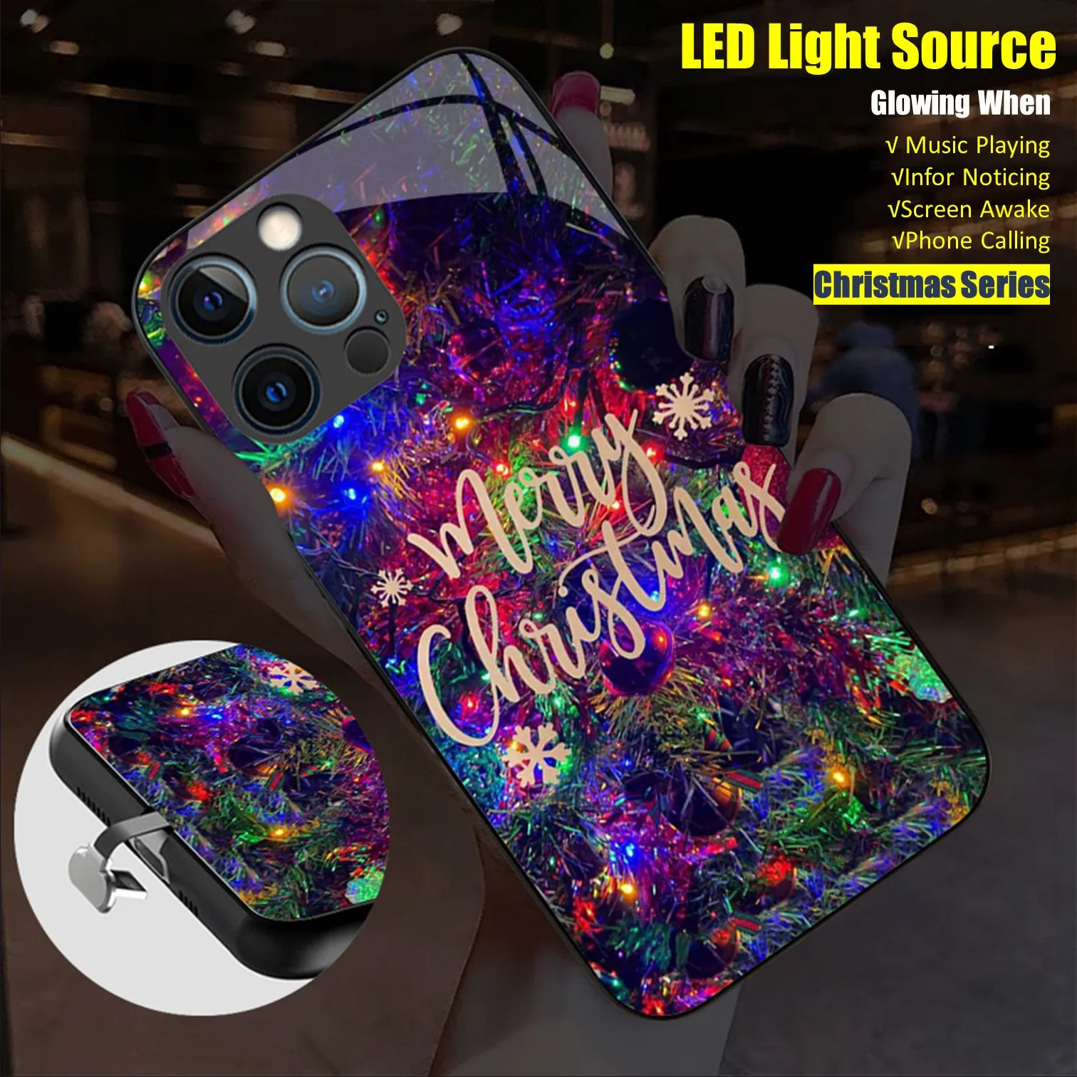 

Christmas Colorful LED Light Glowing Luminous Tempered Glass Phone Case for Xiaomi 11 12 13 Redmi K40 K50 Pro Lite Ultra Cover