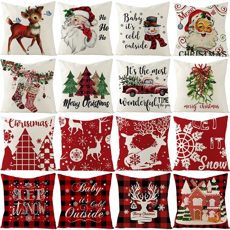 

2022 Happy New Year Merry Christmas Decorations Linen Cushion Cover Buffalo Lattice Plaid Pillow Cover Reindeer Socks Pillowcase