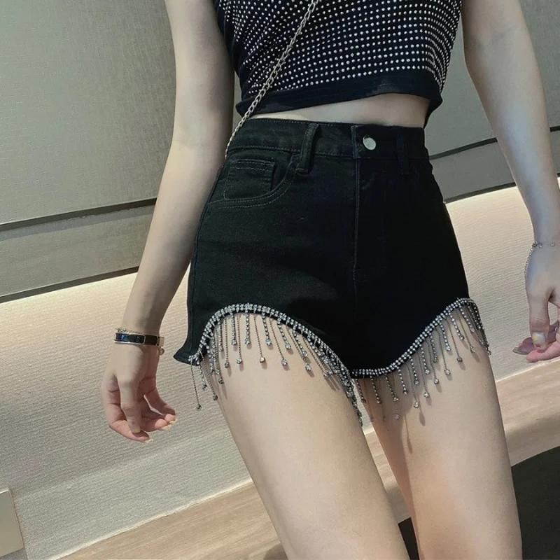 Women Summer High Waist Sexy Slim Shorts Fashion Bright Diamond Tassel Shorts Trend Female Soild Color Sweet Shorts Ropa Mujer