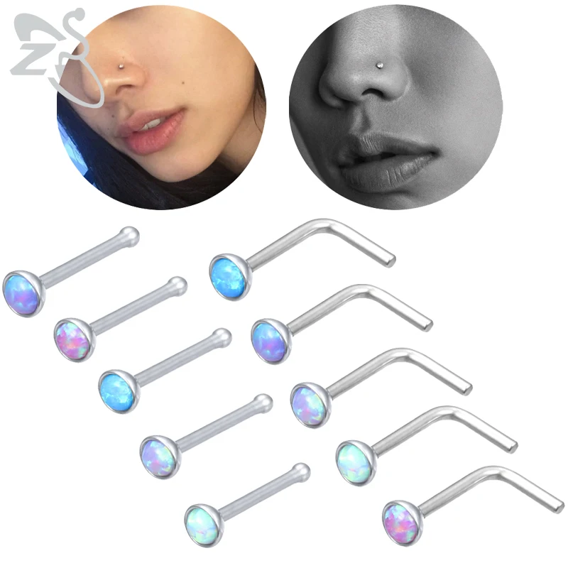 

ZS 3-6pcs/lot Stainless Steel Nose Piercing Round Blue Color Opal Nose Studs Screw S-Shaped Nostril Piercing Body Jewelry 20G