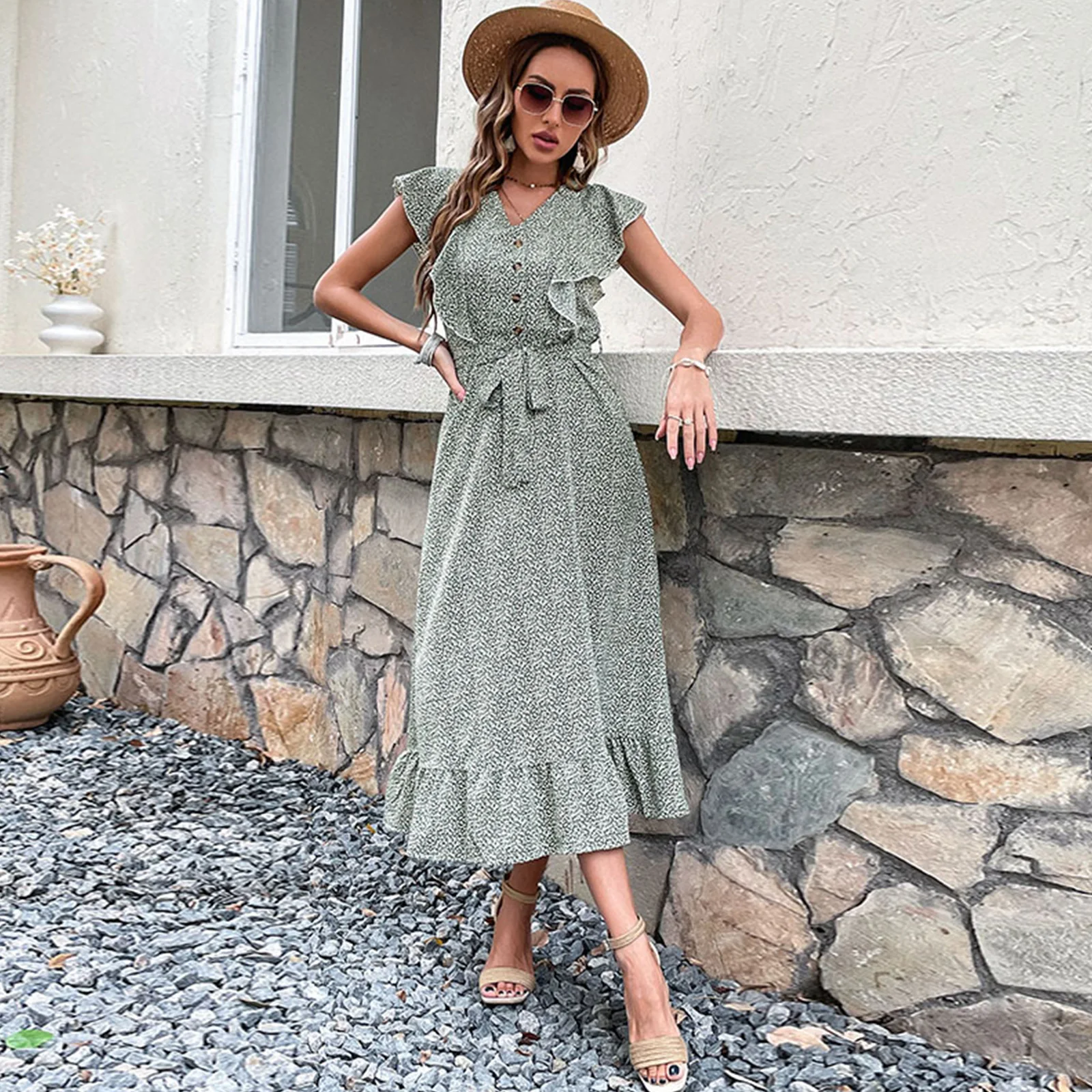 

Fashion Boho Floral Midi Dresses Elegant Women Short Sleeve Ruffle V-Neck Casual Long Green Dress Pleated