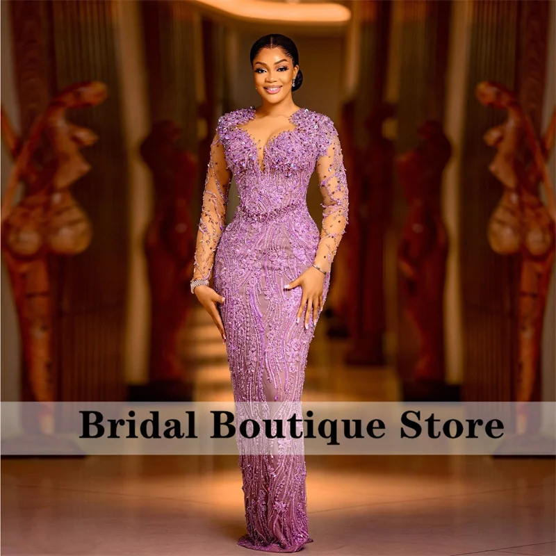 

Luxury Lavender Mermaid Evening Dress 2023 Sheer Lace Beading Appliques Crystal Rhinestone African Wedding Engagement Party Gown