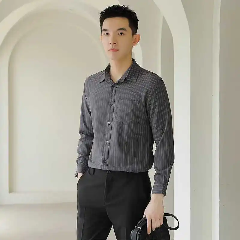 

Men's Spring and Autumn Premium Black Striped Long Sleeve Shirt Men's Business Casual Slim Fit Jacket