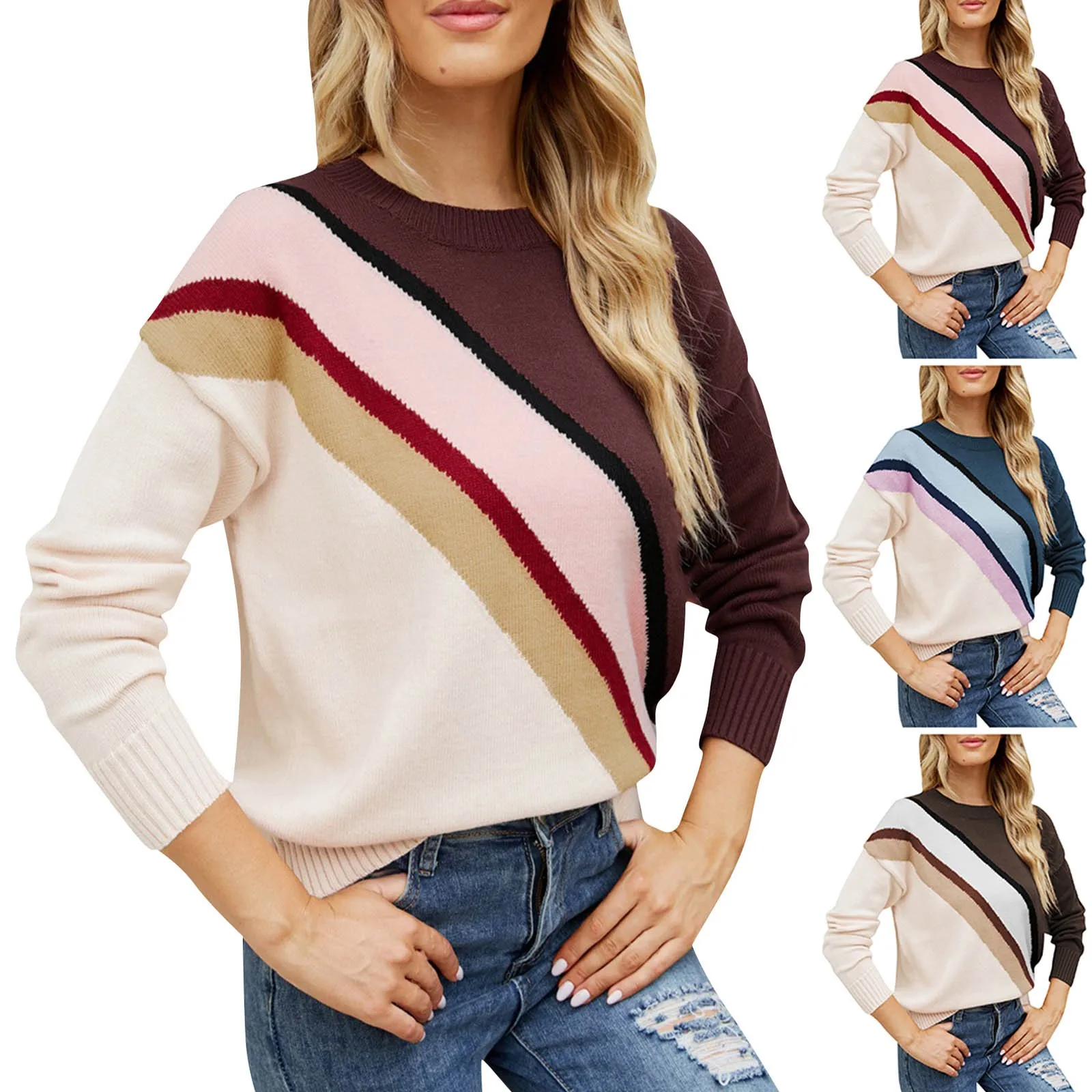 

Luxury Y2k Sweater Women Autumn And Winter Knitting Fashion Color Block Patchwork Pullover Long Sleeve Sweater Pull Femme Hiver