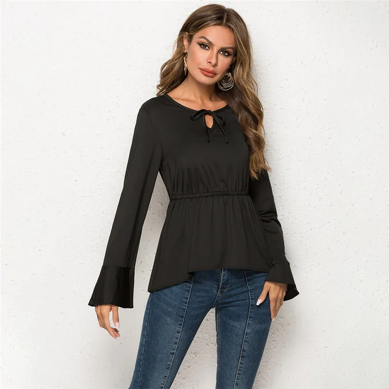 

Women T Shirts Fashion Trumpet Sleeve Lace V-Neck T Shirt Summer Lomg Sleeve Tops Tight Top Femme Top Tee Tshirts Femme