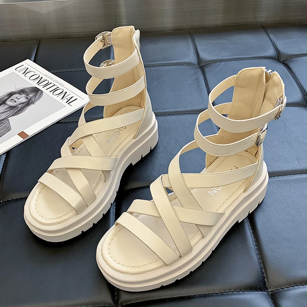 

Sandals summer 2023 outerwear all-match beach shoes lace-up design sense retro thick soled black Roman women's shoes