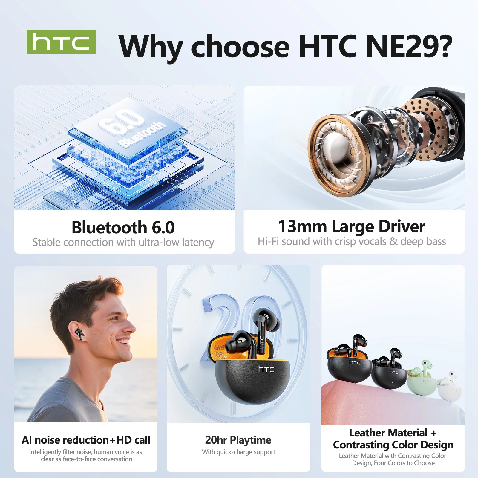 Фото Беспроводные Bluetooth-наушники HTC NE29 ANC с шумоподавлением, Hi-Fi стереозвуком, микрофоном для HD-звонков и спортивным дизайном №2