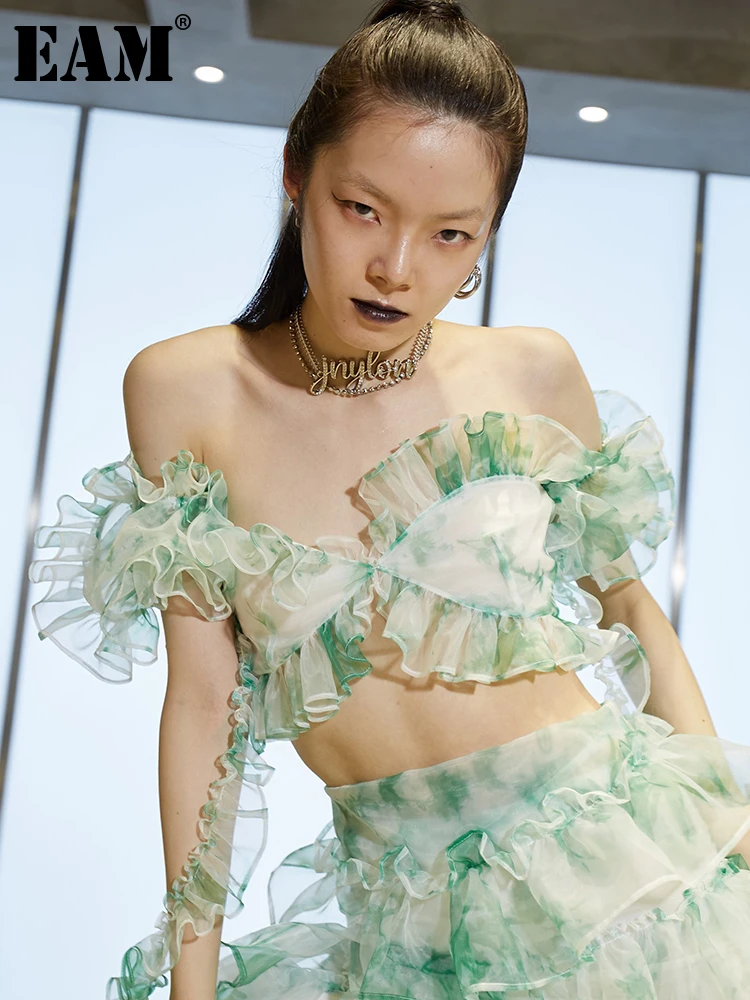 

[EAM] женская зеленая блуза из органзы с оборками, новая свободная рубашка с коротким рукавом и вырезом лодочкой, модная весенне-летняя 2023 1DE2165