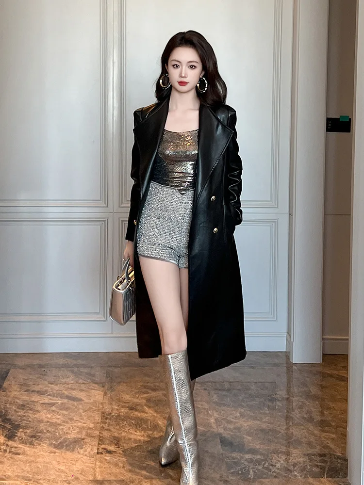 Женская кожаная куртка на осень и зиму новая свободная тонкая длинная в