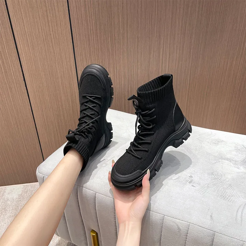 Knitted Fabric Ankle Boots Women Winter Autumn Platform Booties Chunky Elastic  Warm Plush Shoes Casual Short