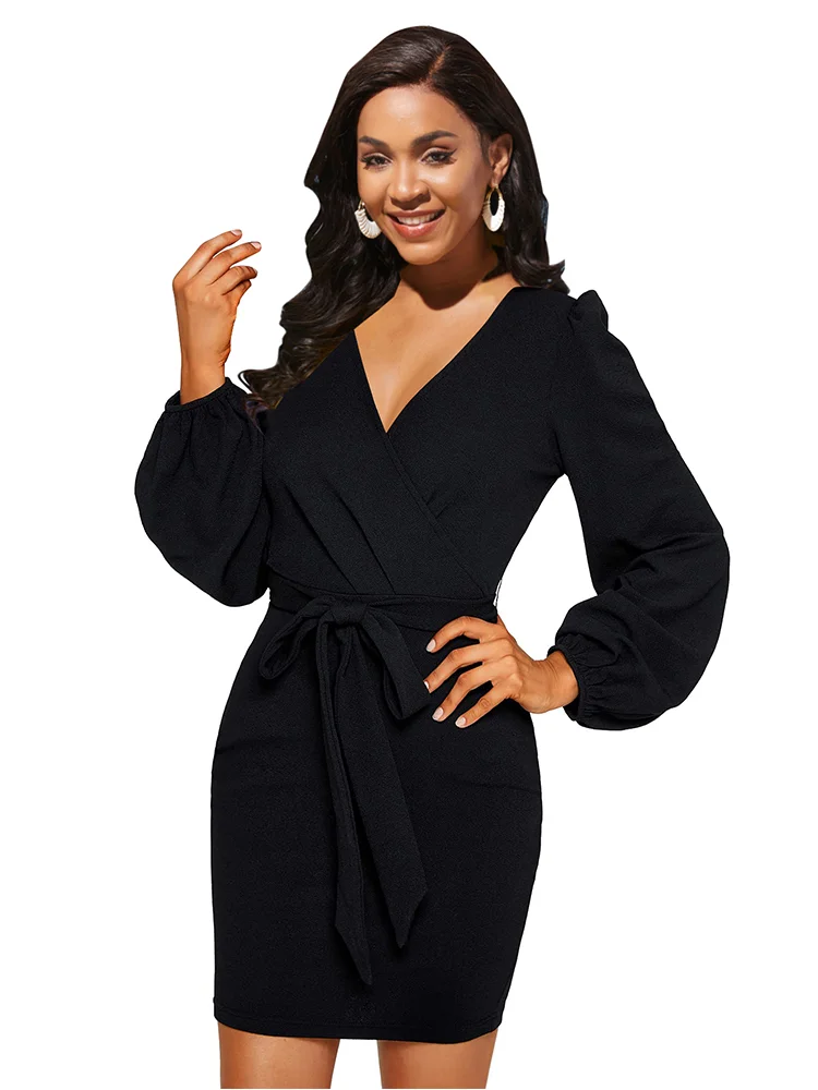 

2023 Summer Dresses for Women Solid V-neck Lantern Sleeve Lace up Dress Vestidos De Mujer Casual Elegant Mini Robe Female