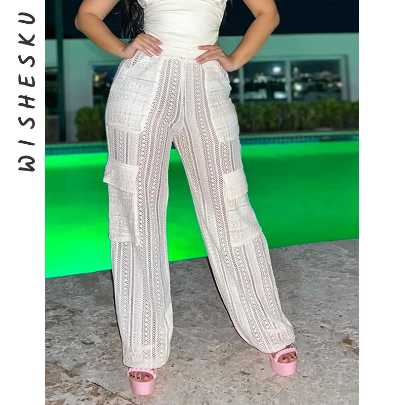 Сексуальные прозрачные брюки-карго с вырезами женские трикотажные брюки высокой