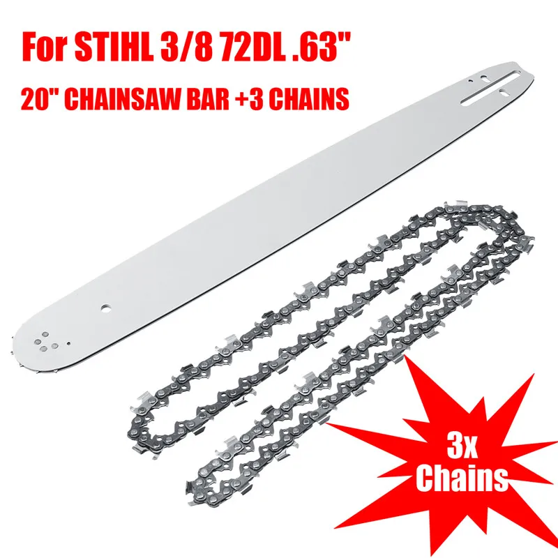 20 Inch Chainsaw Guide Bar with 3Pcs Saw Chain 3/8 72DL 63