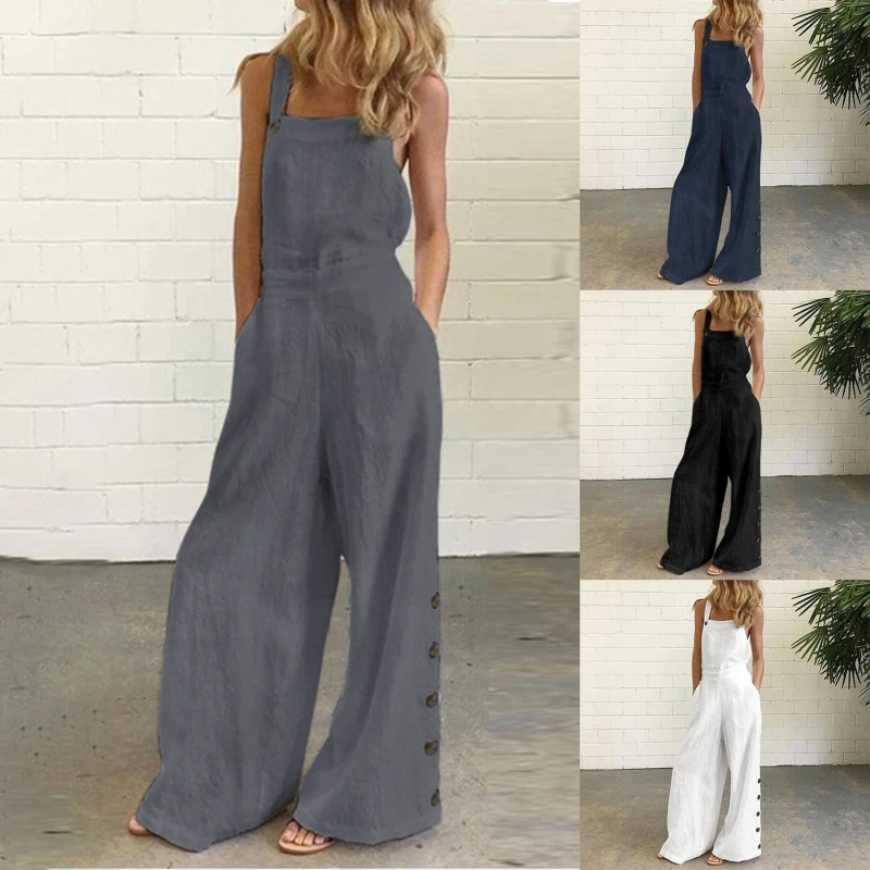 

Plus Size Ladies Sleeveless Jumpsuit Rompers Wide Leg Pants Long Trousers Suspenders Playsuits Pantalon Femme