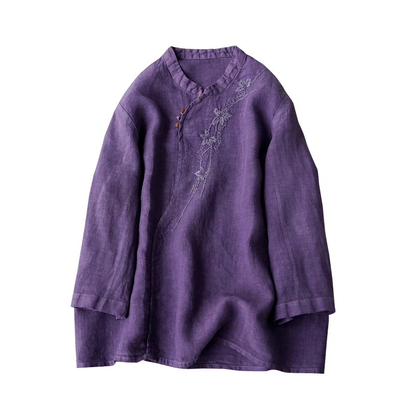 

2022 Flax Linen Embroidery Blusas Para Mujer Chinese Style MANDARIN COLLAR Woman Top Women Shirts Blouses
