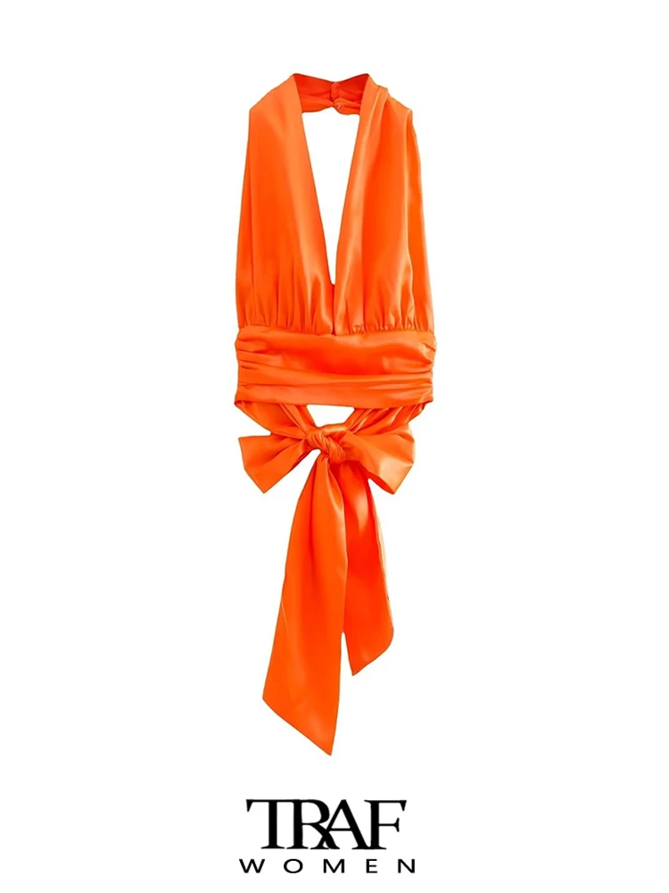 

TRAF Women Fashion With Bow Tied Satin Crop Tank Tops Vintage Halter Neck Backless Female Camis Mujer